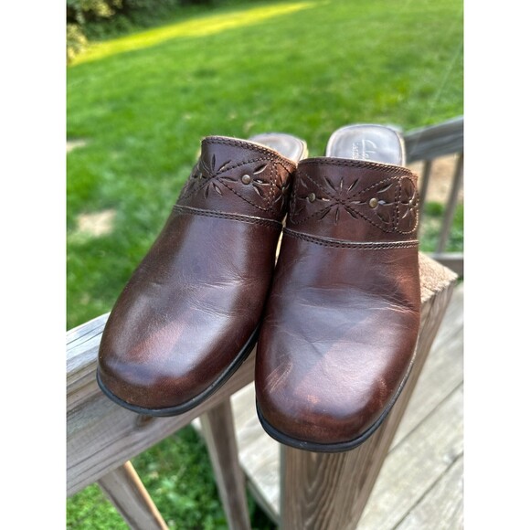 Clarks Bendables Wedge Heel Clog Brown Leather Womens Size 7.5 M - Picture 9 of 12